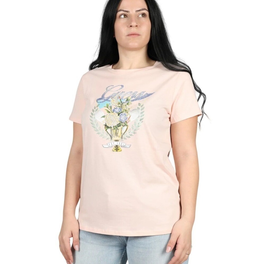 Guess Womens Light Pink Cotton Graphic T-Shirt Floral Est 1981 Small
